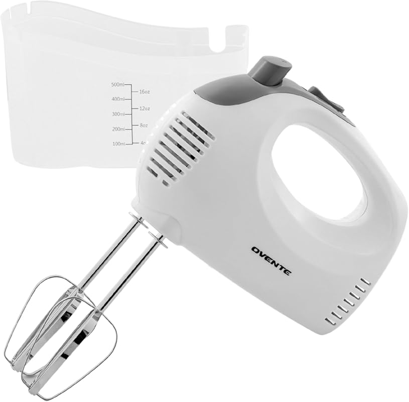 OVENTE 5-Speed Hand Mixer with Stainless Steel Whisk, Snap-On Case, 15