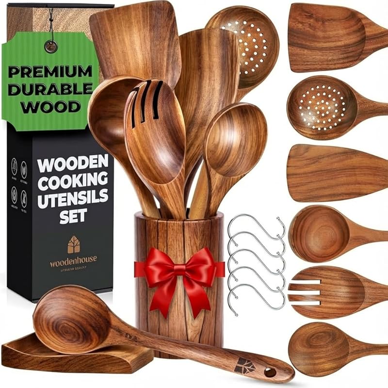 Wooden Utensil Set 8 Pcs – Sturdy & Easy to Clean, Natural Teak Wooden