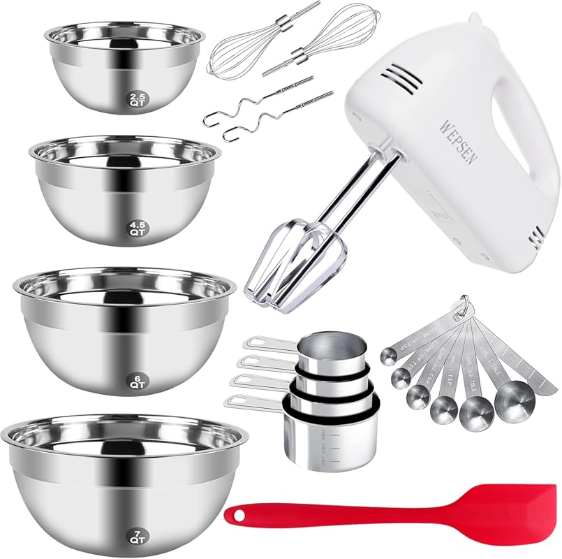 5-Speed Hand Mixer with 4 Stainless Steel Mixing Bowls and Baking Tool