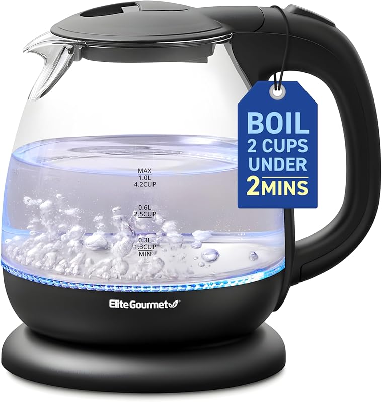 Elite Gourmet 1.0L Glass Electric Kettle with Blue LED and Auto Shut-O