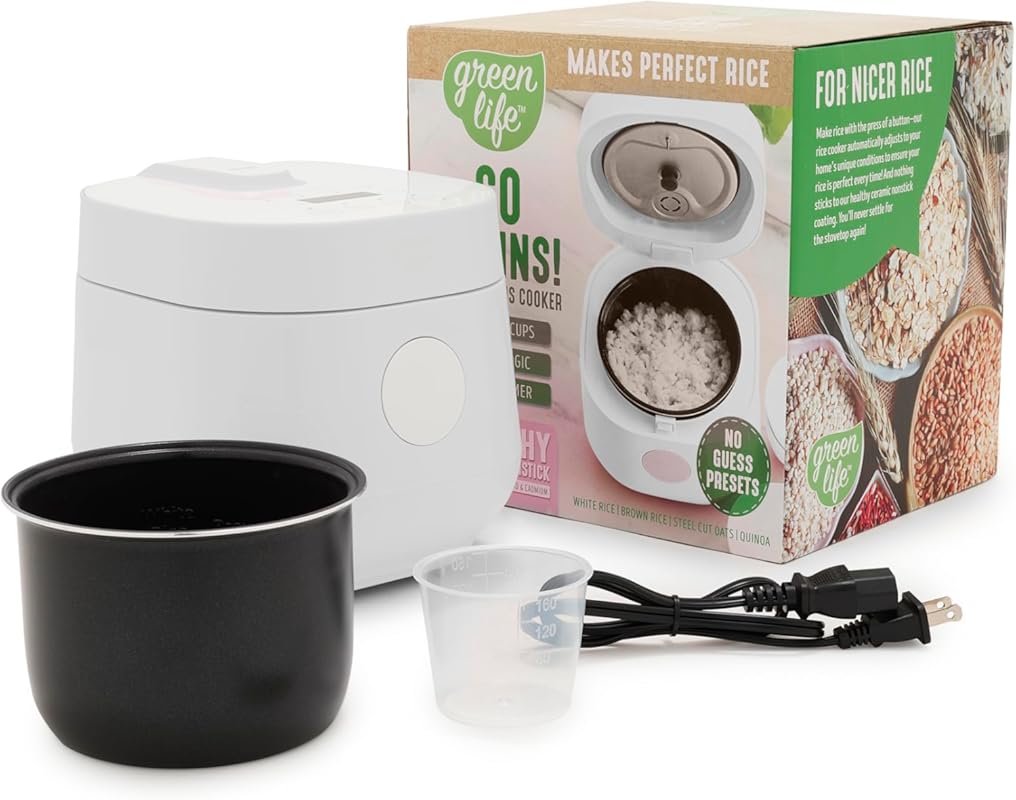 GreenLife Digital Rice Cooker, 2-Cups Uncooked/4-Cups Cooked, Removabl