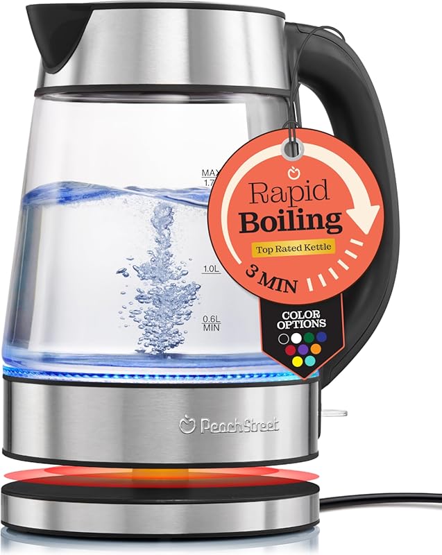 1.7L Glass Electric Kettle with LED Light, Wide Opening, and Auto Shut
