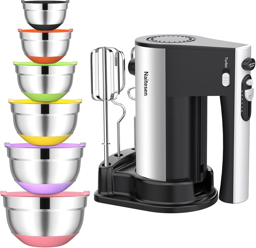 Electric Hand Mixer with 6-Piece Mixing Bowls – 600W Handheld Mixer an