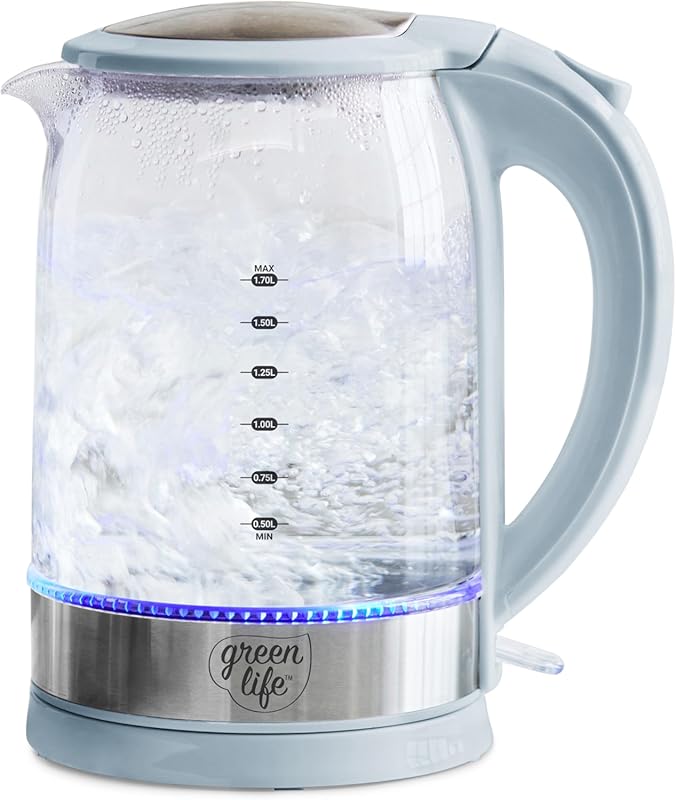 GreenLife 1.7 Liter Glass Electric Kettle, Easy One Touch Use, Quick H