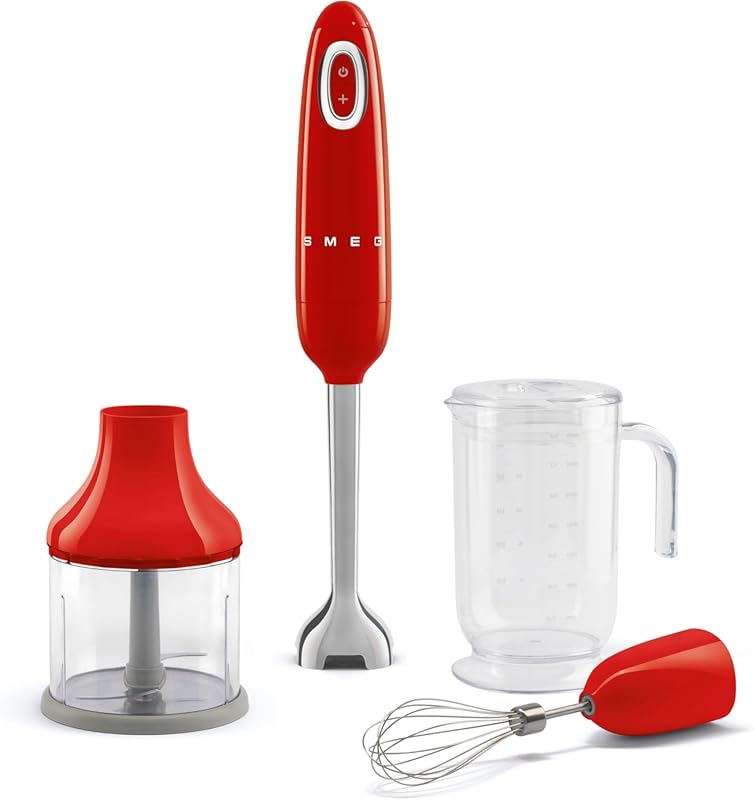 Smeg Handheld Immersion Blender in Red with Beaker, Chopping Bowl, and