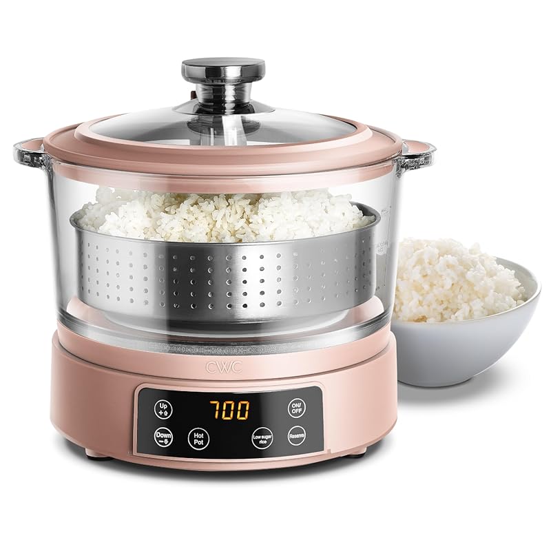 3L Glass Rice Cooker with Digital Panel, Steamer, and Auto Lift Basket