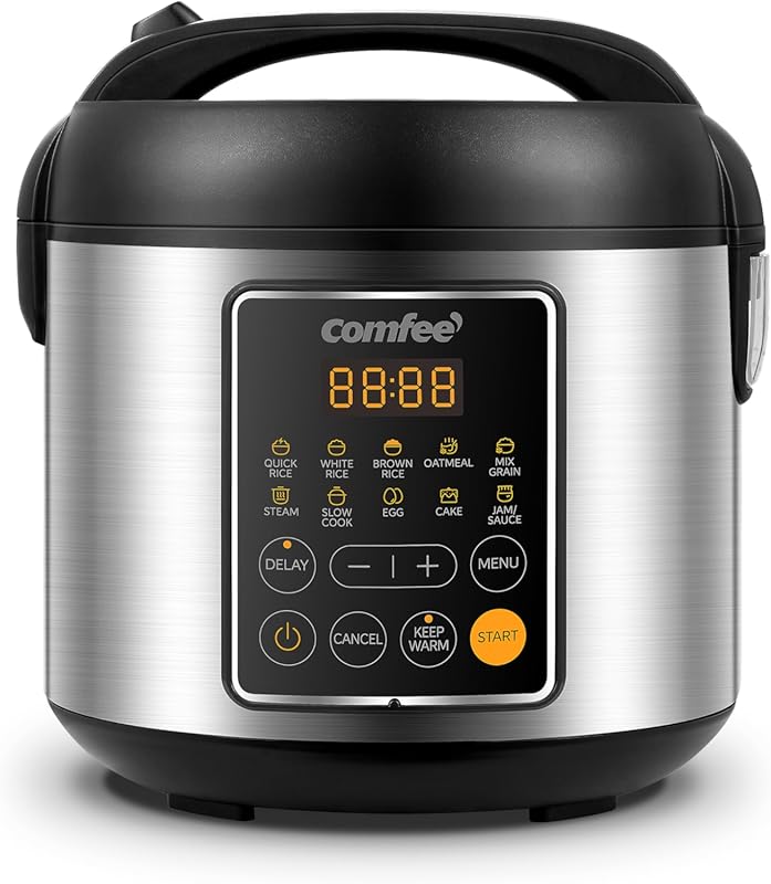 Comfee 2Qt Small Rice Cooker with 10 Presets, Steamer, and Non-Stick P