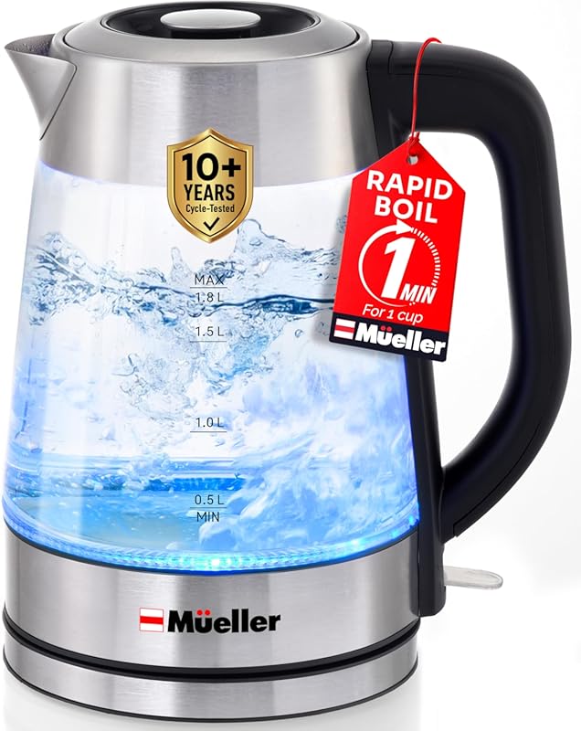 Mueller Rapid Boil Electric Tea Kettle 1.8L – Borosilicate Glass & Sta