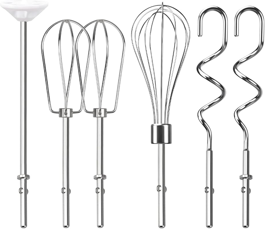 Stainless steel hand mixer attachments including whisk, dough hooks, a