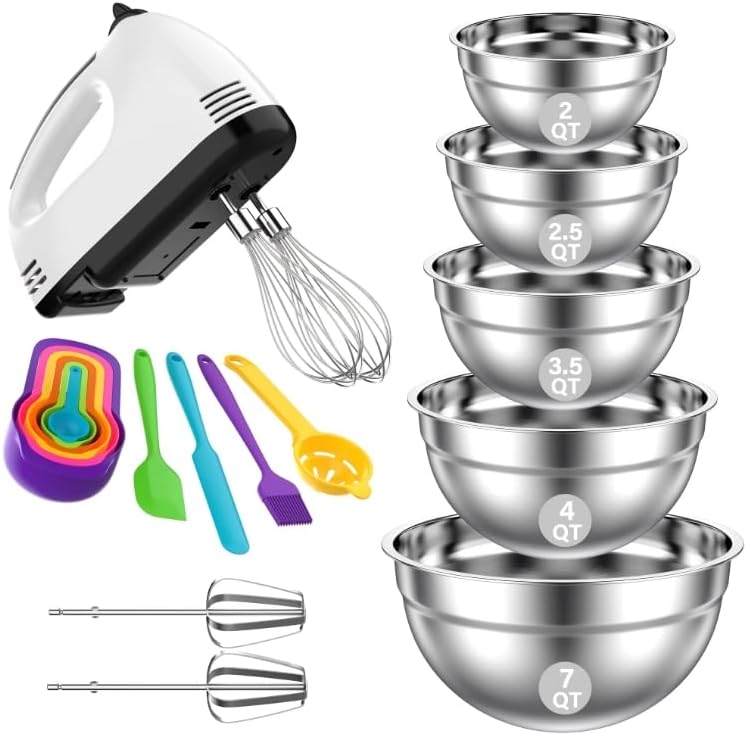 7-Speed Electric Hand Mixer and 5-Piece Mixing Bowls Set – Stainless S